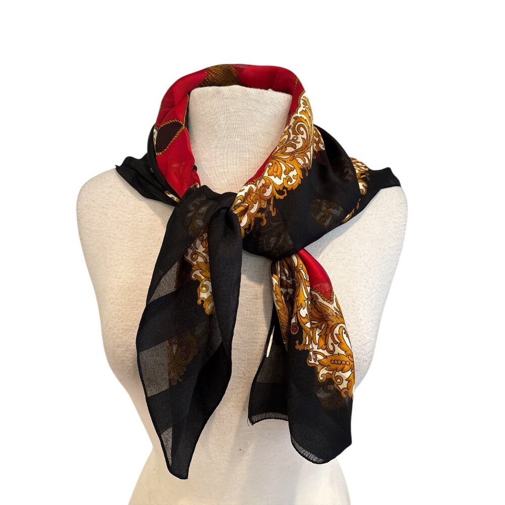 Vintage-Inspired Black & Red Baroque Scarf With Ornate Gold Detailing And Regal
